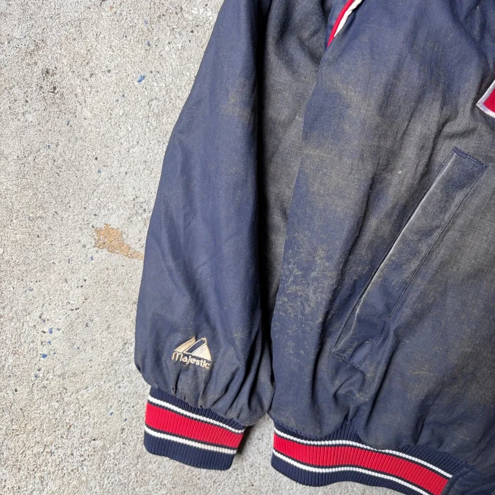 Vintage Majestic New England Patriots Bomber Jacket Navy Blue Distressed Mens L